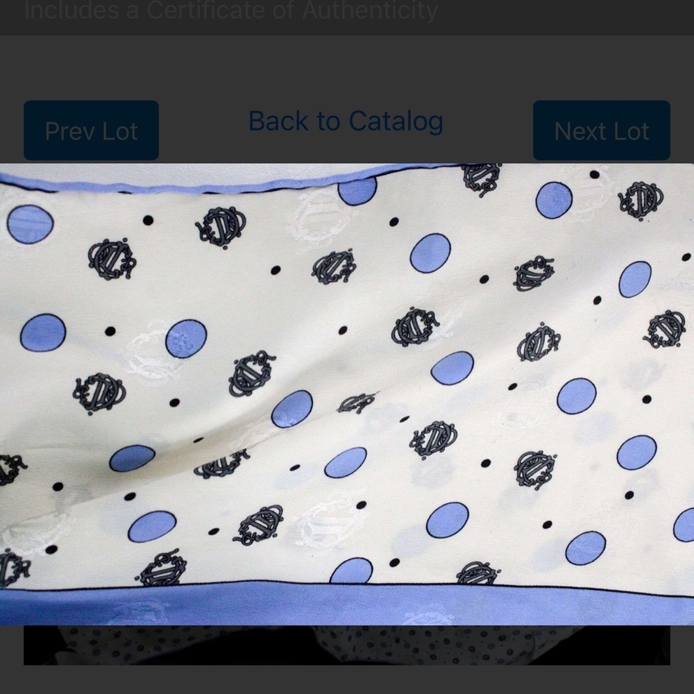 Authentic Dior White and Light Blue Polka Dot Silk Scarf with Black Emblem - Picture 7 of 7